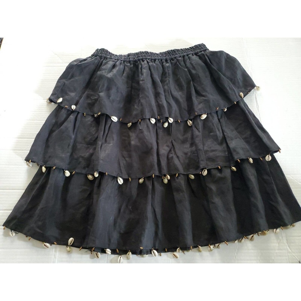 Letarte Luxe Women's Linen Cowrie Shell Accent Tiered Mini Skirt Small Black